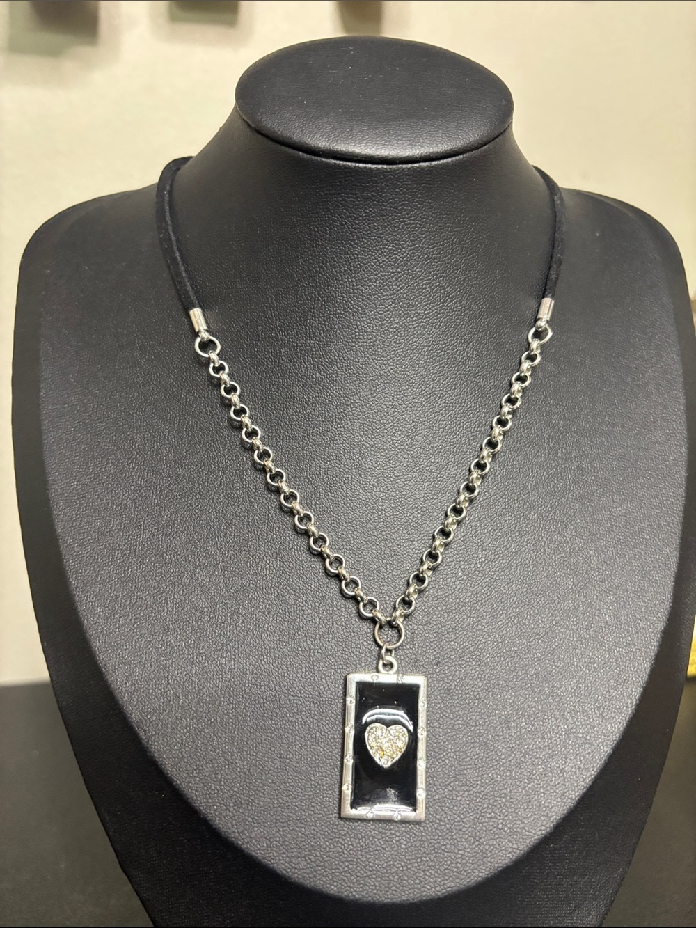 Dainty Rhinestone Silver Tone Black Pendant Necklace with Heart Accent